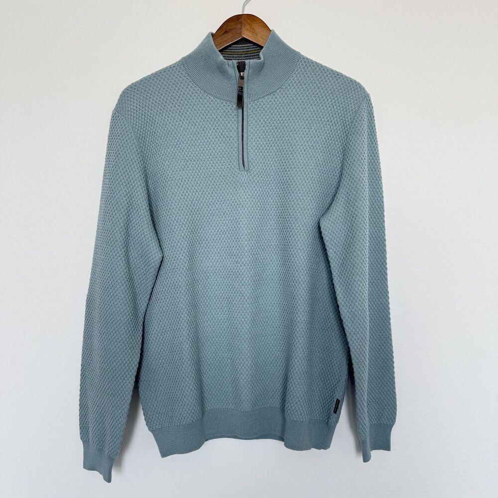 Ted Baker Sweater Mens XL Blue Wool Blend Half Zip Mock Neck Honeycomb